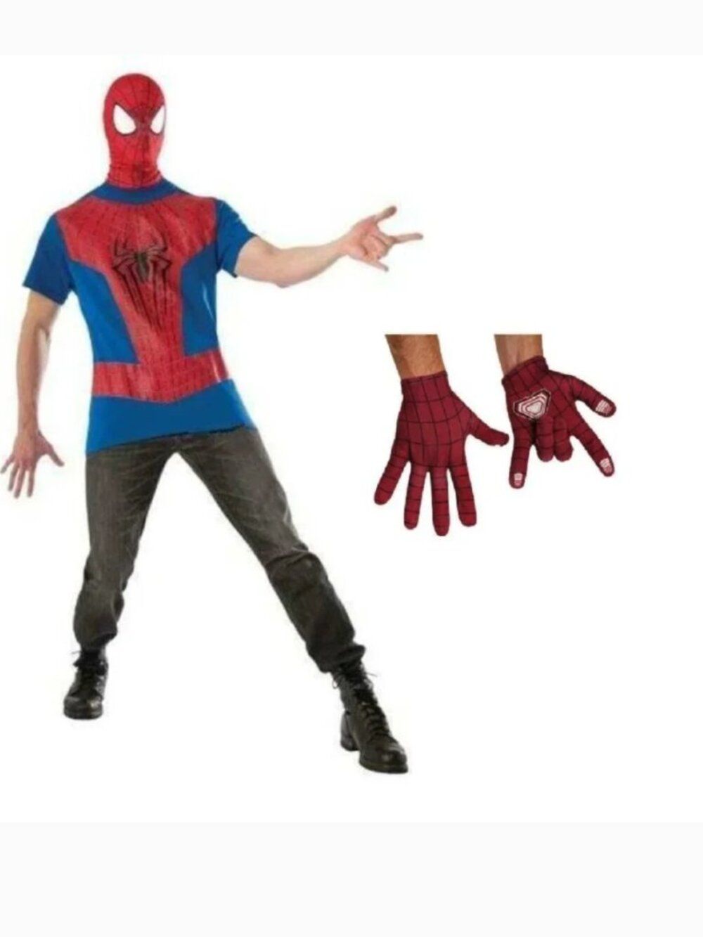 Spiderman Halloween Costume X-Large 4 Pc Shirt, Hooded Mask & Gloves Mens
